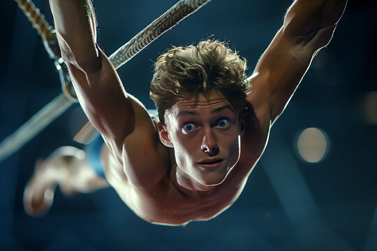 Dynamic Male Gymnast Performing Upside Down Handstand on Parallel Bars During a Dazzling Evening Competition