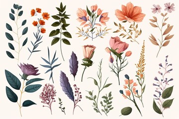 Collection of 18 floral elements for design.