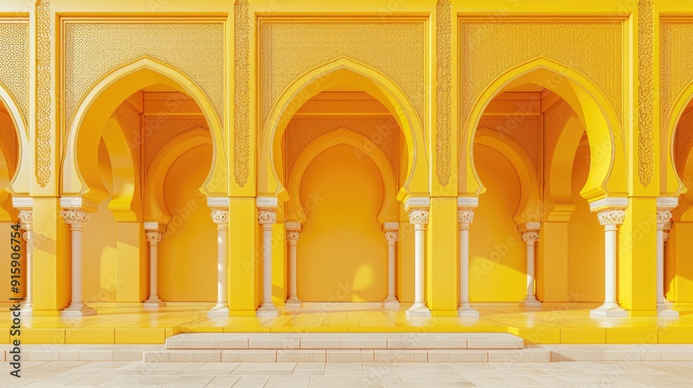 Poster yellow building with architectural design featuring arches and pillars