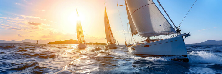 Thrilling Sailing Yacht Race Regatta at Sunset on Calm Waters