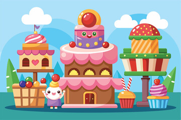 A whimsical cake shop displays delightful desserts, including cupcakes and a giant cake, in a vibrant outdoor setting under a sunny sky