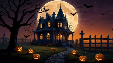 an enchanting Halloween scene with a haunted house on a hill, glowing jack-o'-lanterns, twisted trees, playful ghosts, a full moon, a witch on a broomstick, and eerie yet vibrant colours