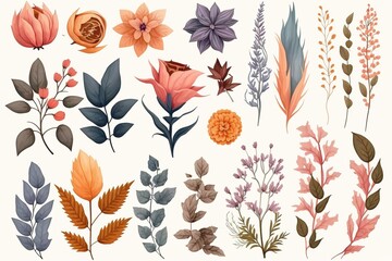 Collection of colorful floral elements for design projects.