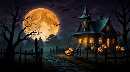 an enchanting Halloween scene with a haunted house on a hill, glowing jack-o'-lanterns, twisted trees, playful ghosts, a full moon, a witch on a broomstick, and eerie yet vibrant colours