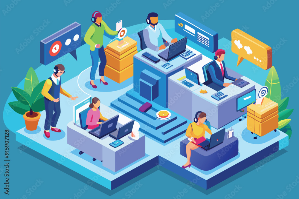 Poster creative illustration showcasing a dynamic call center setup with employees utilizing technology and
