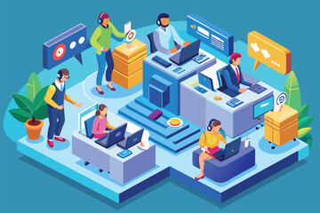 Obraz premium Creative illustration showcasing a dynamic call center setup with employees utilizing technology and teamwork to enhance customer interaction