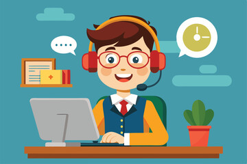 A friendly call center operator is engaged at his desk with a computer, wearing headphones and smiling, surrounded by a plant and a few office supplies