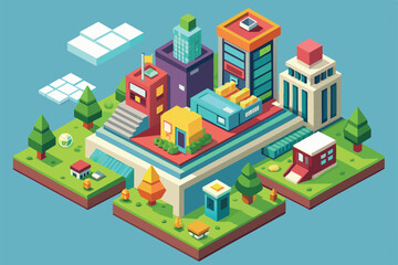 A colorful isometric city design showcasing various structures, parks, and roads, emphasizing creativity and urban planning in a whimsical style