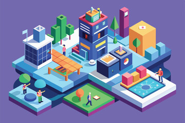 Urban planners and architects collaborate on innovative designs in a colorful, isometric setting surrounded by greenery and modern buildings
