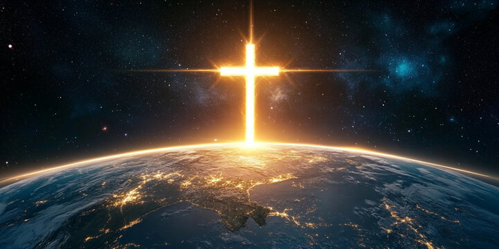 The cross of Jesus Christ shining over the Earth from space, illuminating it with golden light