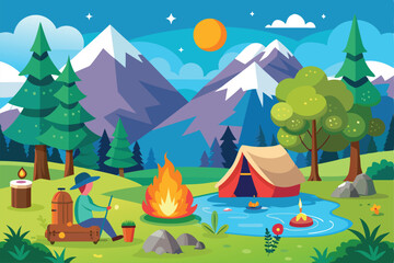 Obraz premium A person enjoys a camping trip by a lake, sitting by a warm campfire, surrounded by trees and mountains on a bright, sunny day