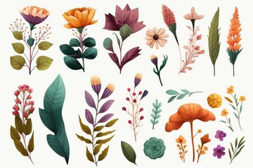 Collection of colorful flowers and leaves.