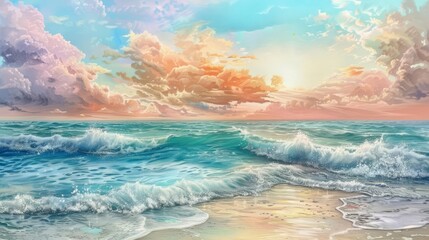 Calm ocean waves under a colorful sky, serene atmosphere, peaceful beach scene