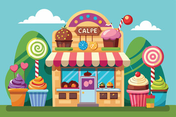 A charming candy shop showcases delightful sweets and treats in vibrant colors, attracting visitors under a bright blue sky