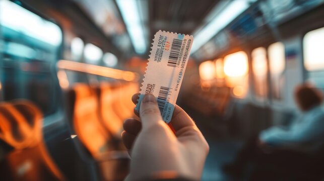 Passenger holding a train ticket with crowded blurry silhouettes as the sun sets