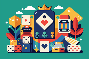 A vibrant and creative illustration showcasing various card game components surrounded by colorful leaves, dice, and playful elements, inviting imaginative gameplay