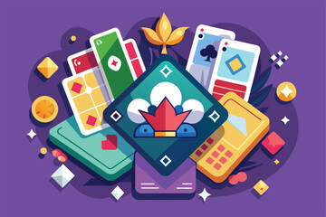A vibrant illustration showcases various customizable card game elements among decorative shapes and colors, creating a dynamic design