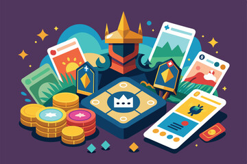 A vibrant card game setup showcases unique cards, coins, and a central game board with customizable features, inviting players to engage in fun gameplay