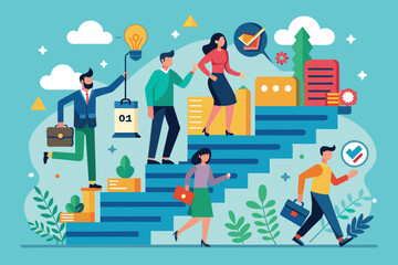 Fototapeta premium Professionals of various backgrounds are actively climbing steps, symbolizing career advancement, while engaging in activities that promote growth and success