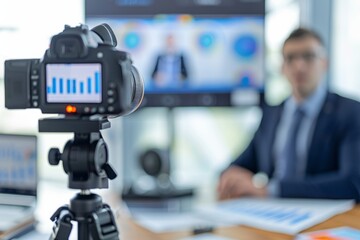 Video camera recording business presentation with blurred man in background for professional training or webinar. Perfect for social media, marketing, and promotion content. AI