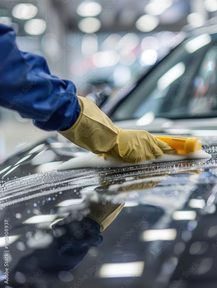 Poster a person is cleaning and polishing the interior surfaces of a car using a sponge and cleaning soluti