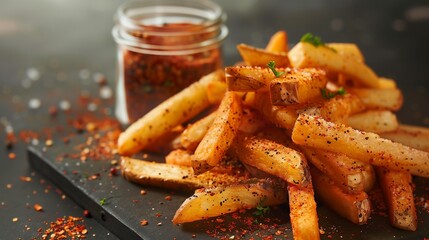 French fries generously sprinkled with branded seasoning or spice on a black background. There's a jar of accent seasoning next to it.