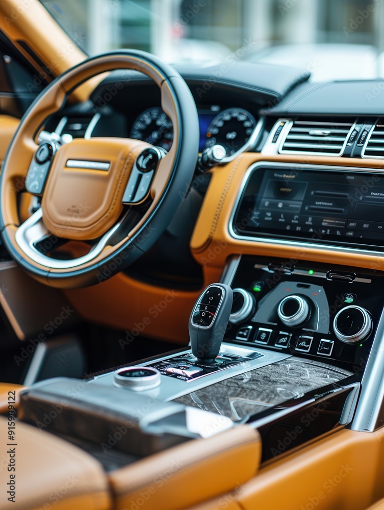 Poster cleaning and polishing the interior of a luxury car, focusing on the dashboard and steering wheel fo