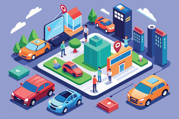 Obraz premium People interact with a customizable car rental service in a vibrant cityscape, showcasing various vehicles and user-friendly technology