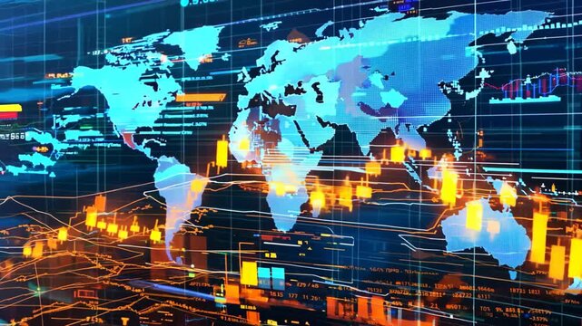 digital world map with financial graph light glowing, world economic concept backdrop