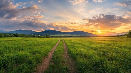 Sunset over Green Field and Mountains