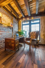 Cozy home office featuring a stylish brick wall and wooden accents