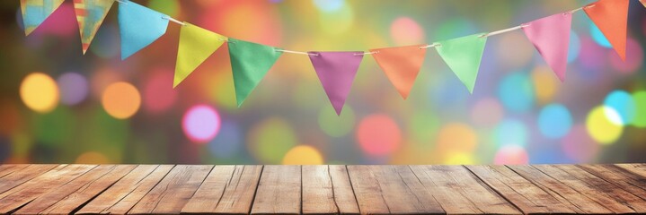 Festive Hunting Themed Banners Adorn a Rustic Wooden Table with a Background of Colorful Bokeh, Evoking Celebration and Joy.