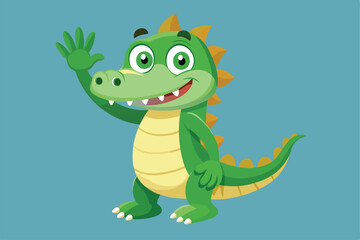 Naklejka premium A cheerful cartoon crocodile waves joyfully, showcasing a friendly demeanor against a colorful background