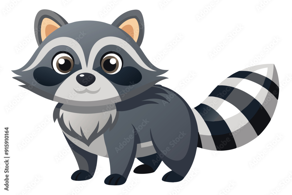 Sticker a charming cartoon raccoon with big eyes and a striped tail stands cheerfully against a white backgr