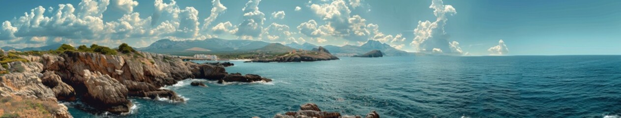 Fototapeta premium Rocky coastline with mountains under a blue sky in daytime