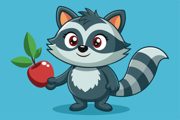 Obraz premium A cute raccoon cheerfully presents a shiny red apple, showcasing its charming features and playful demeanor in a vibrant setting