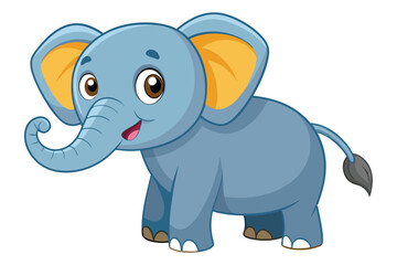 Fototapeta premium A cute cartoon elephant stands happily, displaying a friendly expression with bright blue skin and large ears against a plain white backdrop