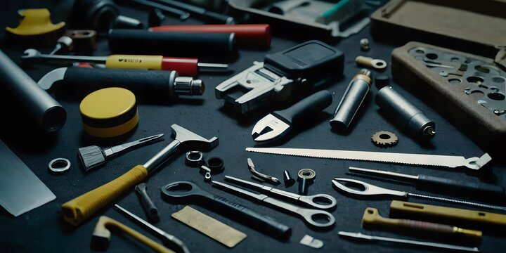 A detailed composition of a repair kit featuring various tools arranged neatly, ideal for showcasing hardware and repair products.
