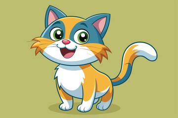 A cheerful cartoon cat with orange and blue fur, playful eyes, and a big smile stands on a green backdrop, radiating joy and cuteness