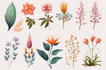 Collection of painted flowers and leaves isolated on white background.