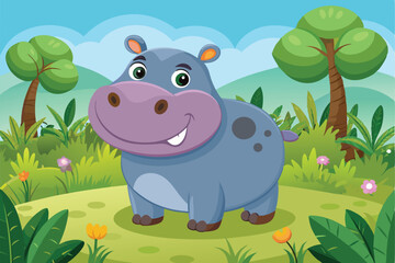 A cheerful cartoon hippo strikes a playful pose in vibrant grass, surrounded by trees and blooming flowers under a bright blue sky
