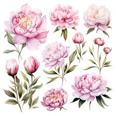 Collection of pink peonies with green leaves.