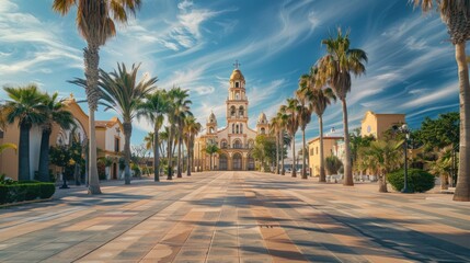Fototapeta premium Street scene with palm trees and tall building, perfect for urban or tropical architecture images