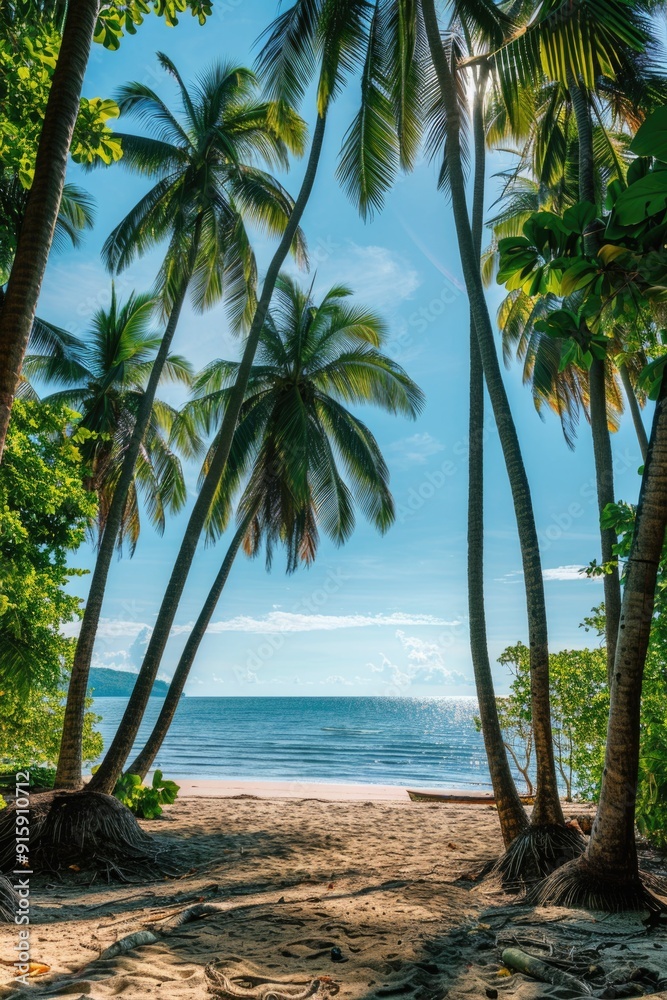 Poster a serene coastal scene featuring palm trees and the vast ocean