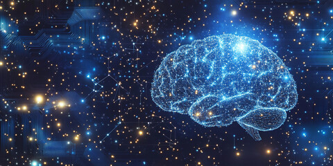 A digital brain made of glowing blue data points floating in space, symbolizing the vast and intricate network within human consciousness