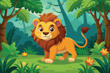 Naklejka premium A cheerful cartoon lion stands in a vibrant jungle, surrounded by lush greenery and colorful flowers under bright daylight