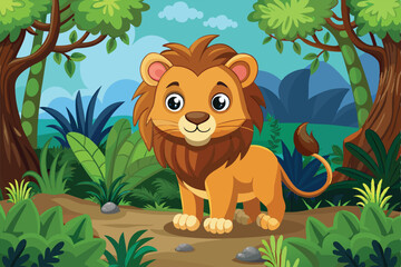 A cheerful cartoon lion explores a vibrant jungle filled with greenery and tropical plants under a bright blue sky