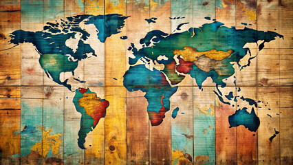 Naklejka premium Vibrant vintage world map on a worn distressed wooden background with a subtle texture, complete with faded country borders and nostalgic travel symbols.