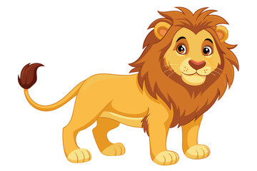 A cartoon lion stands cheerfully on a white background, showcasing its vibrant mane and playful demeanor, embodying the essence of wild spirit and joy