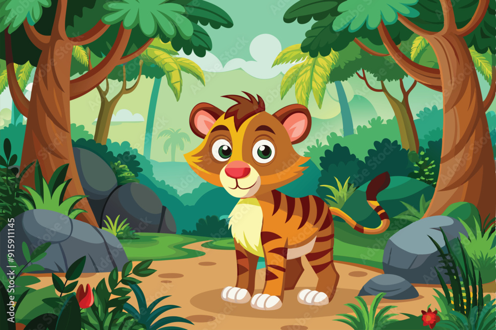 Sticker A playful cartoon tiger stands on a jungle path surrounded by vibrant flora and towering trees, enjoying its adventurous surroundings under a clear sky